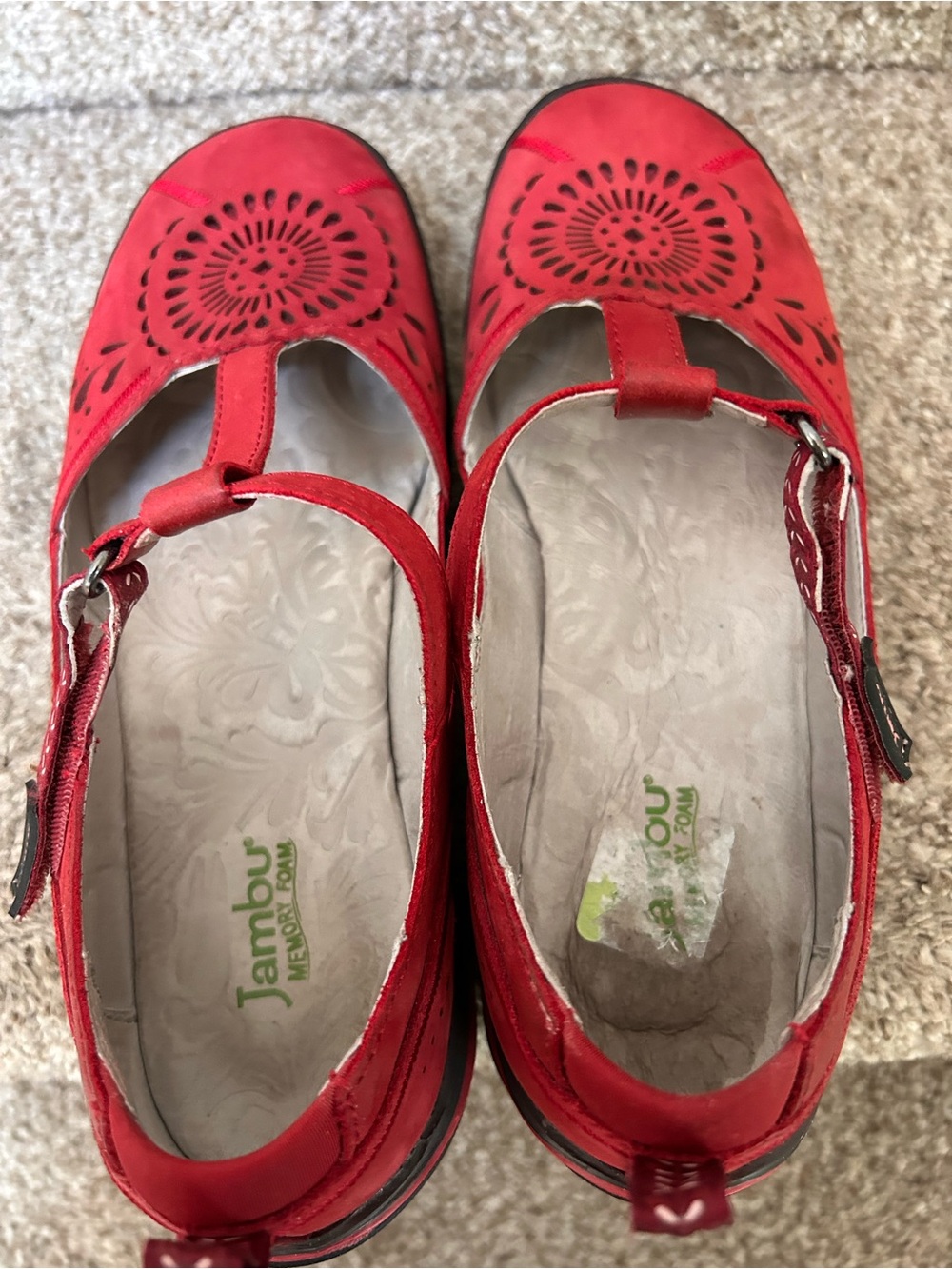 Jambu Sunkist Mary Jane Flats Sandals. Die cut leather. Red. Comfort. Travel. - Picture 5 of 7